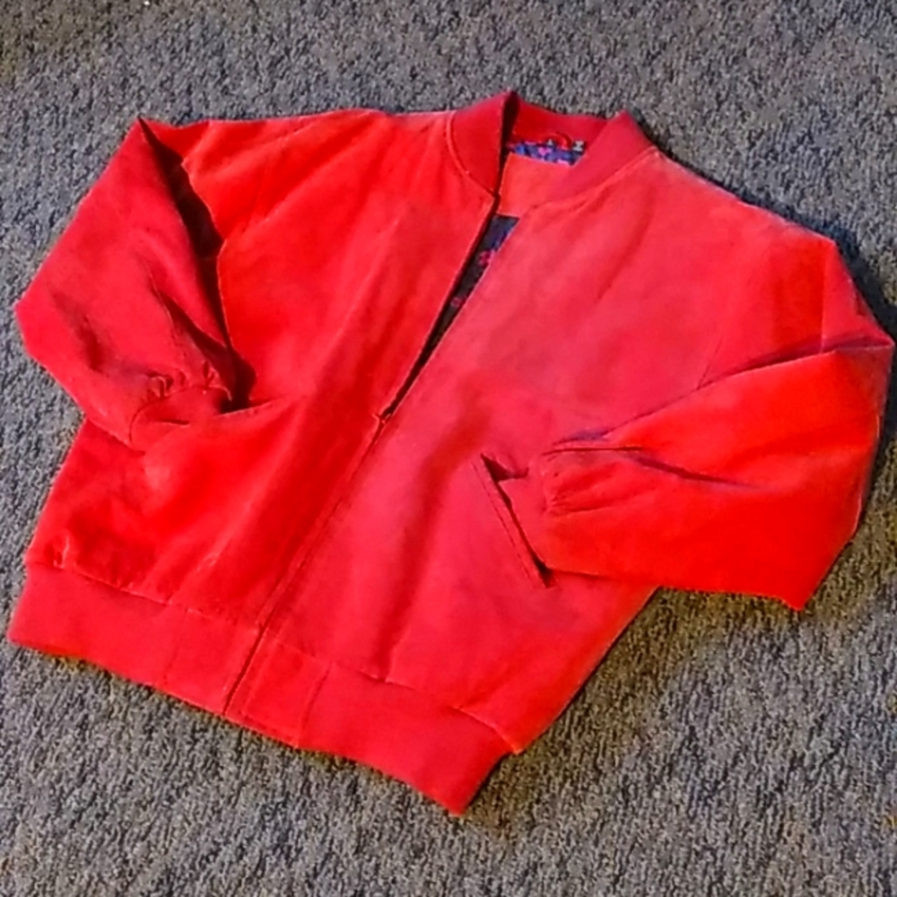 Vintage Late 80's Early 90's Red Suede Mixed Blues Bomber Jacket